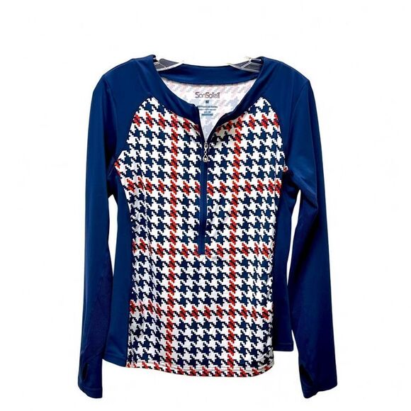 Red and Blue Raglan 3/4 Zip Blouse with Graphic Design - Picture 6 of 14
